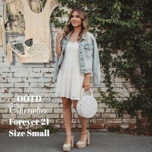 Forever 21 Dress Cream Floral Lace Fit & Flare Scoop Neck Sheer Sleeves Size S